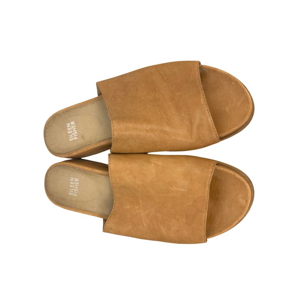 Eileen Fisher Women's Mask Tumbled Leather Slide Sandals in a tan leather 8.5